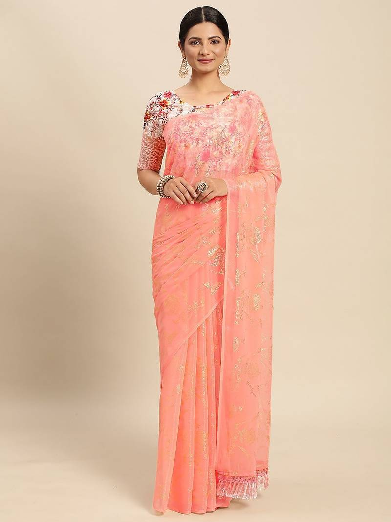 peach peach-coloured floral zari pure chiffon saree