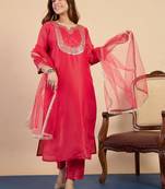 Dark-pink silk blend embroidered kurta set