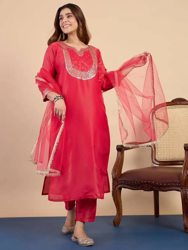 Dark-pink silk blend embroidered kurta set