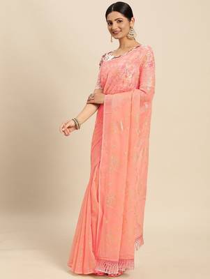 peach peach-coloured floral zari pure chiffon saree 2