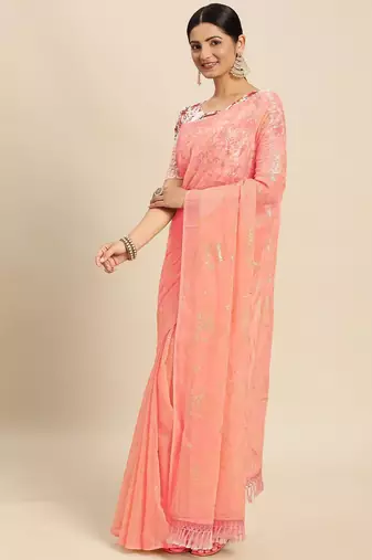 peach peach-coloured floral zari pure chiffon saree