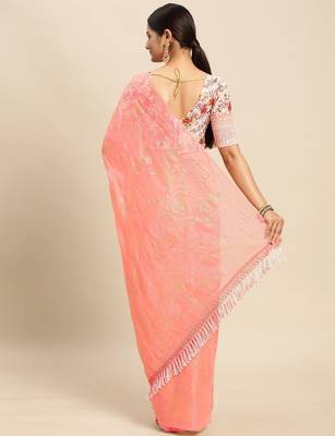 peach peach-coloured floral zari pure chiffon saree 3
