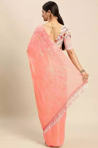 peach peach-coloured floral zari pure chiffon saree