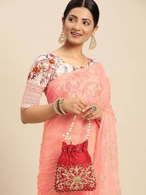 peach peach-coloured floral zari pure chiffon saree 4