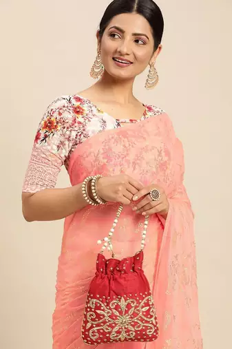 peach peach-coloured floral zari pure chiffon saree