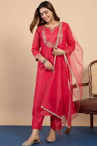 Dark-pink silk blend embroidered kurta set