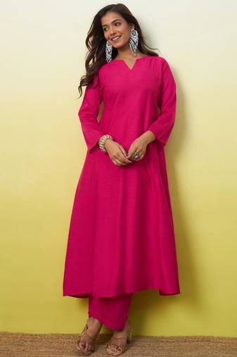 Pink cotton poly plain kurta set