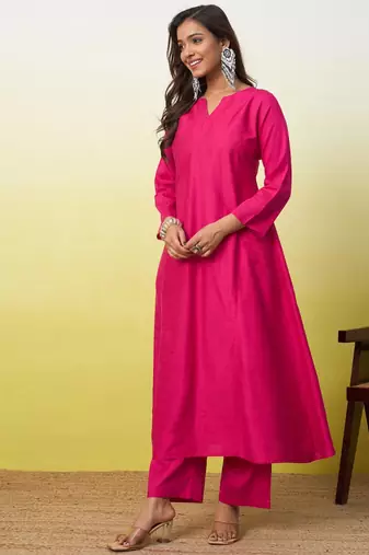 Pink cotton poly plain kurta set