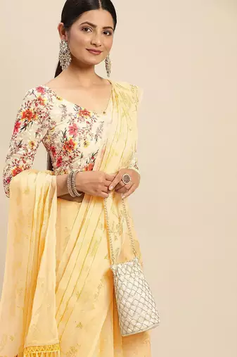 beige beige floral zari pure chiffon saree