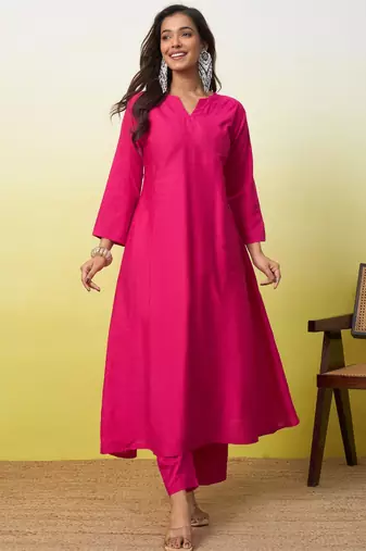Pink cotton poly plain kurta set