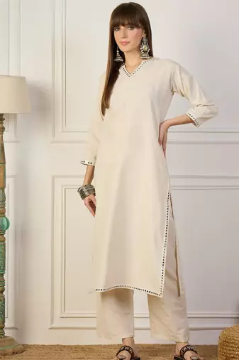 Off-white cotton poly embroidered kurta set