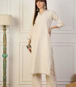 Off-white cotton poly embroidered kurta set