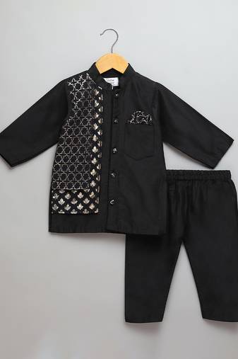 Black embroidered cotton silk Men Kurta Set