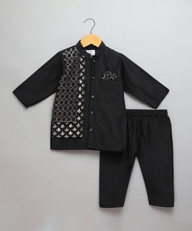 Black embroidered cotton silk Men Kurta Set