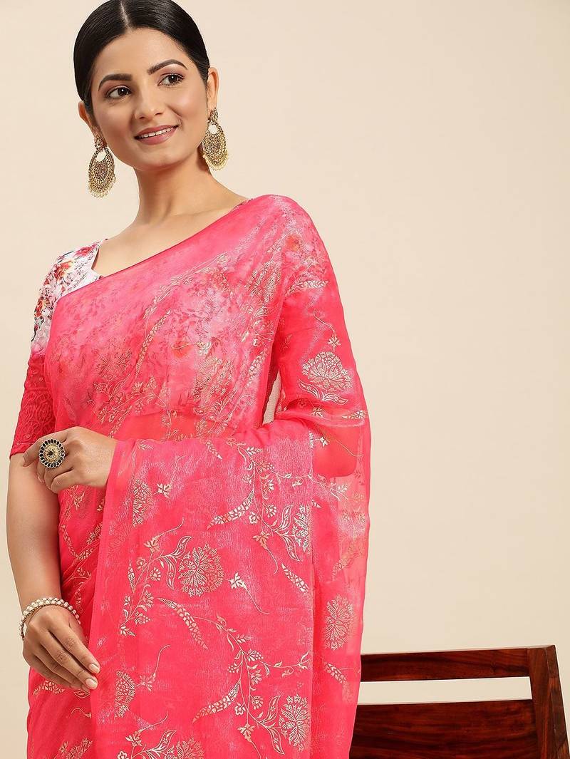 pink pink floral pure chiffon saree