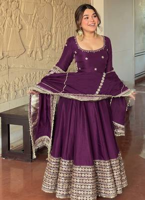Wine embroidered anarkali kurta set with pant and dupatta for women 1