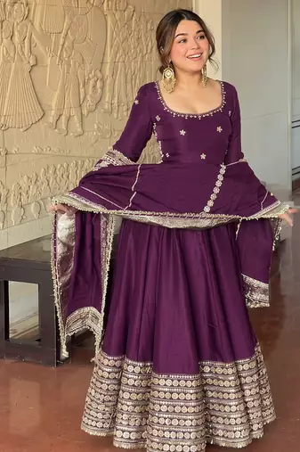 Wine embroidered anarkali kurta set with pant and dupatta for women