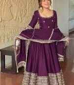 Wine embroidered anarkali kurta set with pant and dupatta for women