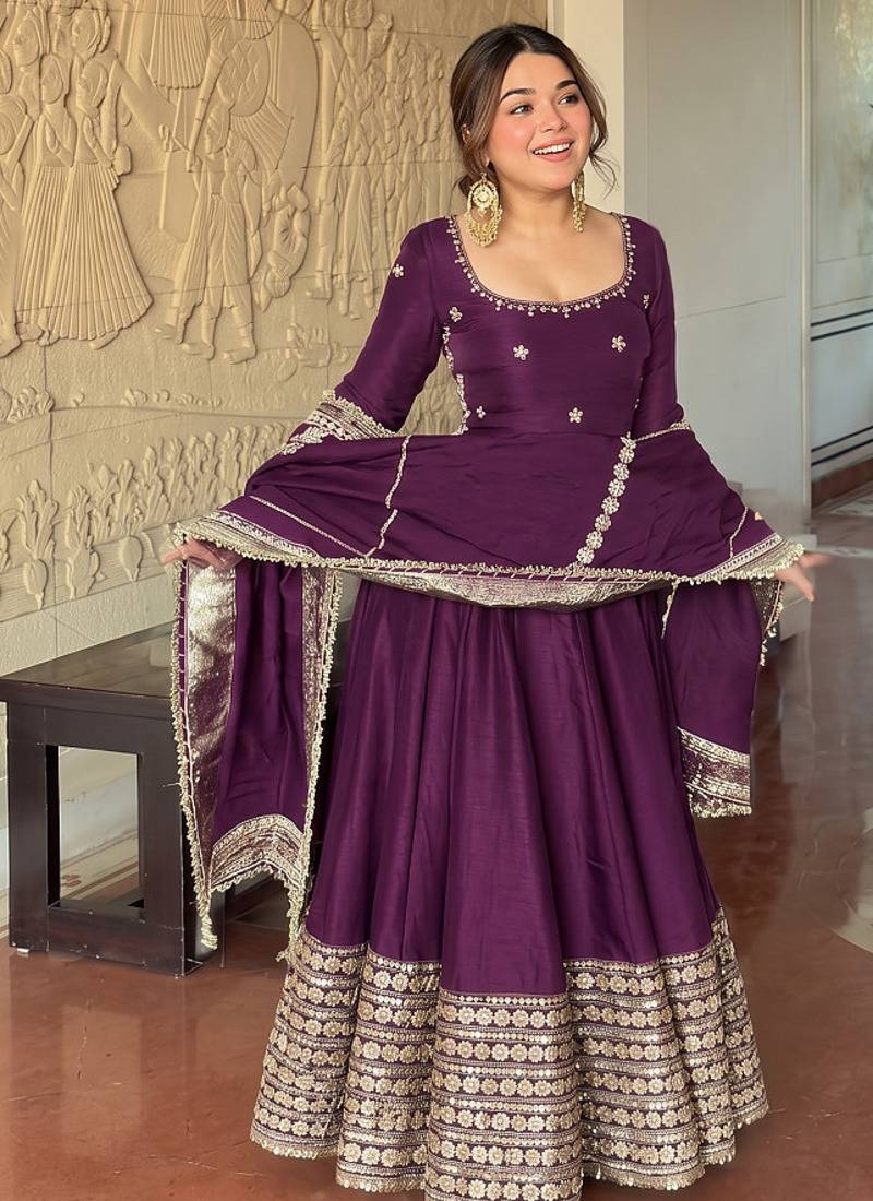 Wine embroidered anarkali kurta set with pant and dupatta for women