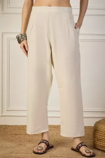 Off-white cotton poly embroidered kurta set
