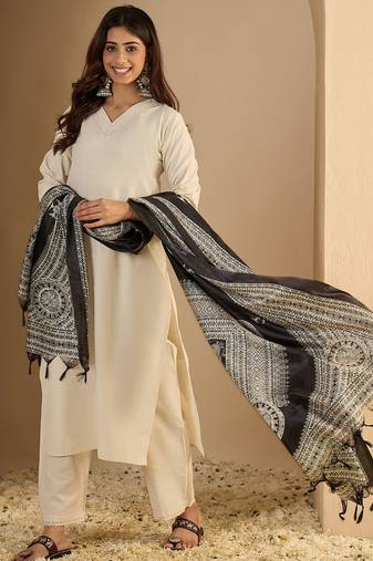 Off-white cotton poly plain kurta set