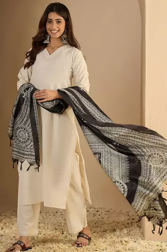 Off-white cotton poly plain kurta set