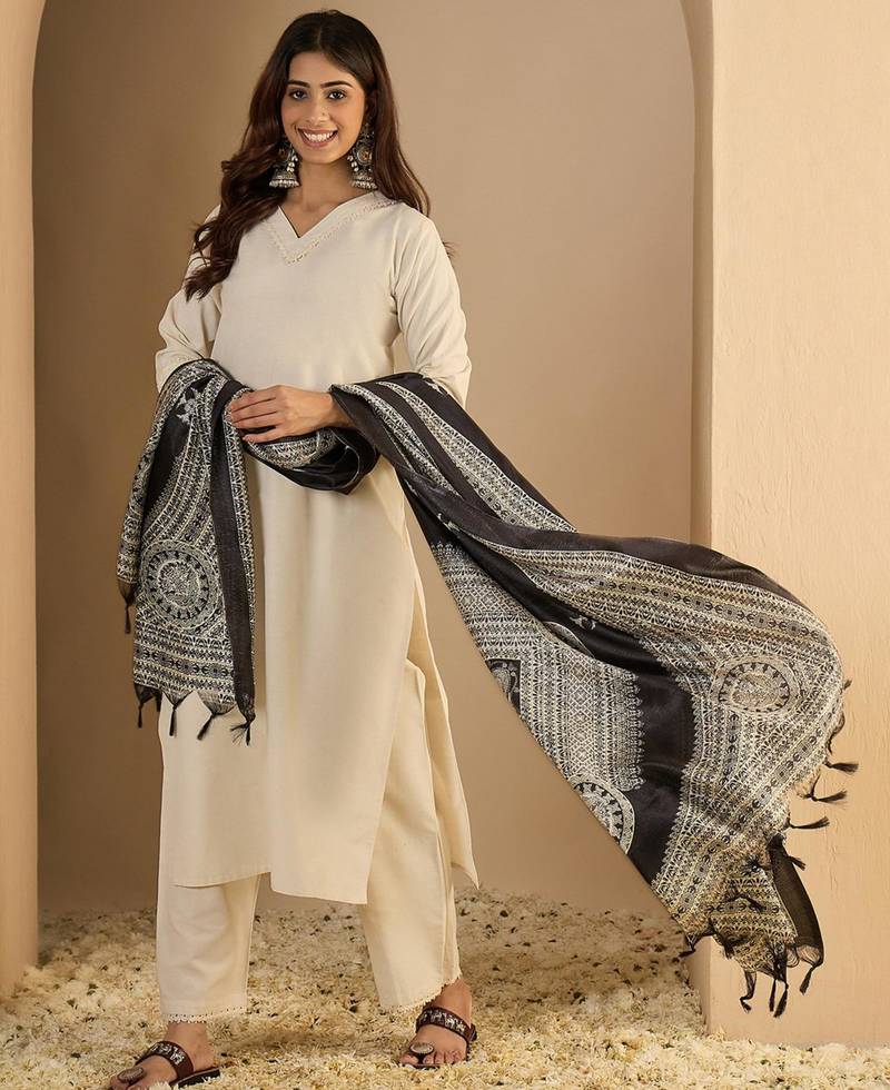 Off-white cotton poly plain kurta set