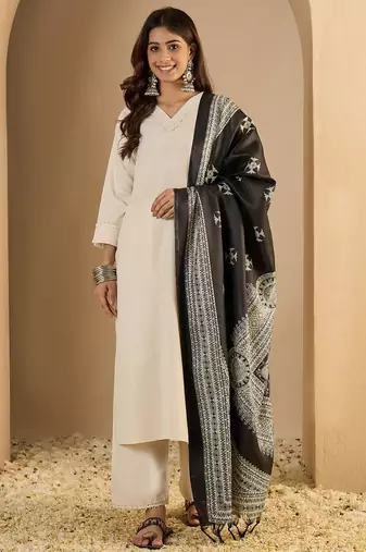 Off-white cotton poly plain kurta set