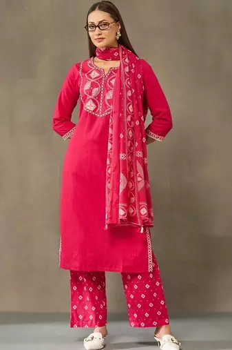 women embroidered regular thread work cotton kurta with palazzos & with dupatta