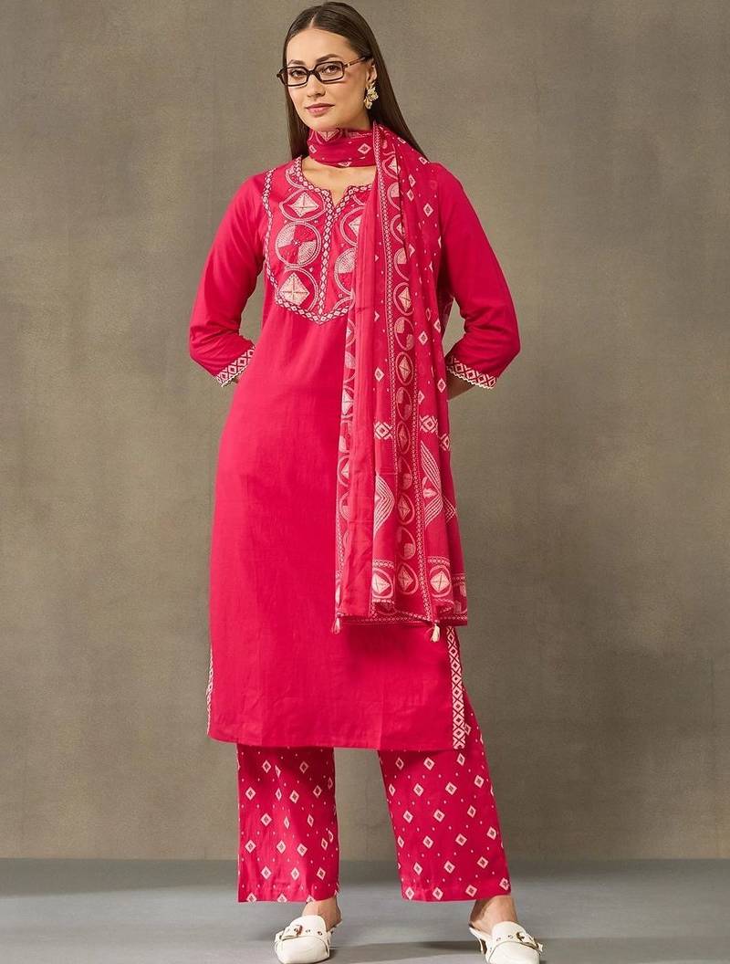 women embroidered regular thread work cotton kurta with palazzos & with dupatta