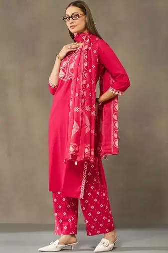 women embroidered regular thread work cotton kurta with palazzos & with dupatta
