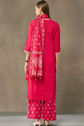 women embroidered regular thread work cotton kurta with palazzos & with dupatta