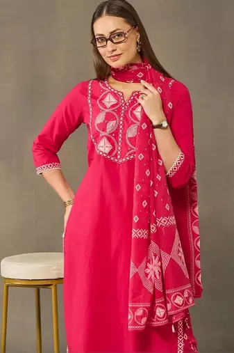 women embroidered regular thread work cotton kurta with palazzos & with dupatta