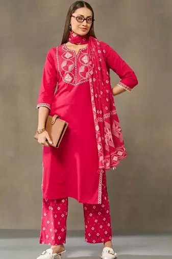 women embroidered regular thread work cotton kurta with palazzos & with dupatta
