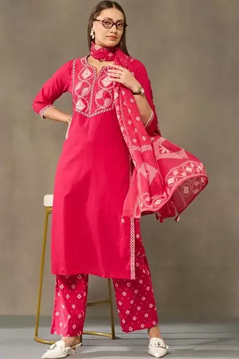 women embroidered regular thread work cotton kurta with palazzos & with dupatta