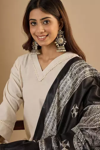 Off-white cotton poly plain kurta set