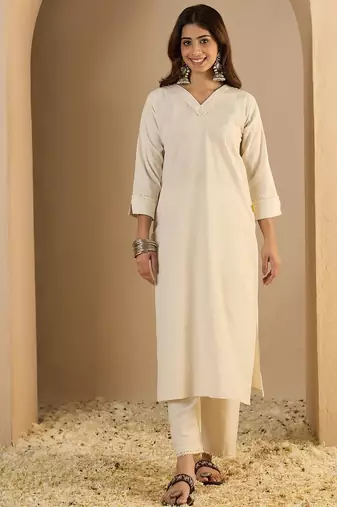 Off-white cotton poly plain kurta set