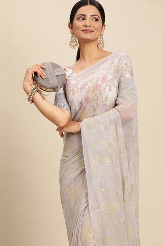 grey grey floral pure chiffon saree