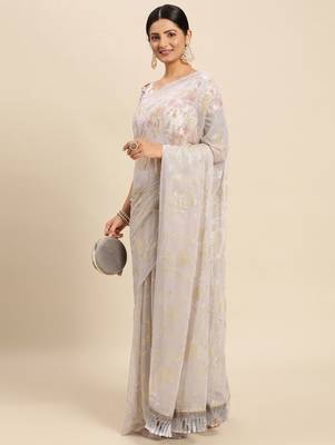 grey grey floral pure chiffon saree 2