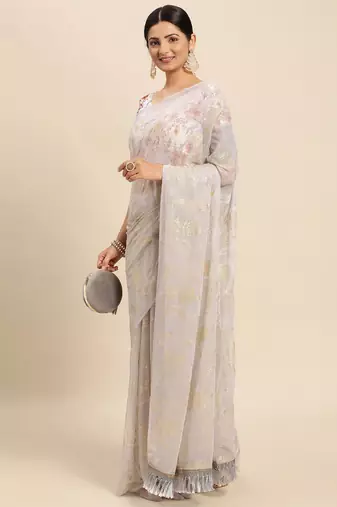 grey grey floral pure chiffon saree