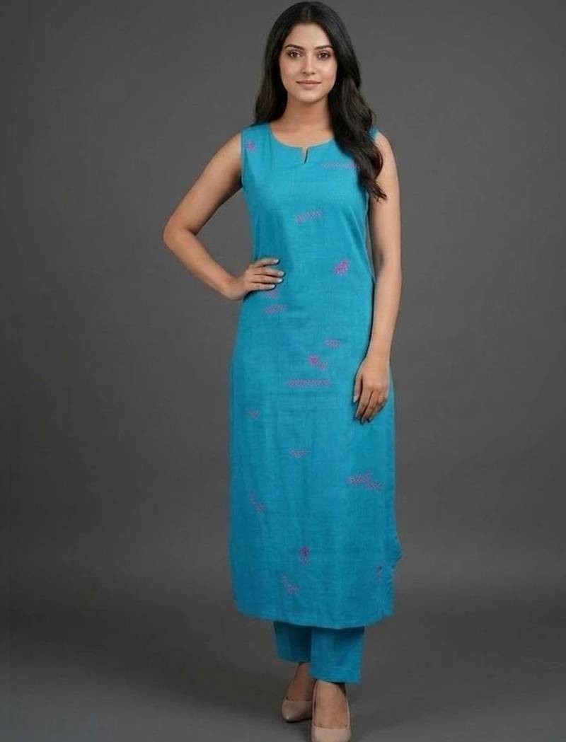 women ethnic motifs embroidered regular thread work kurta with trousers