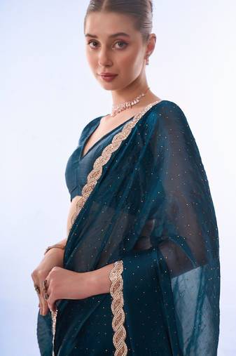 teal embellished beads and stones pure chiffon saree
