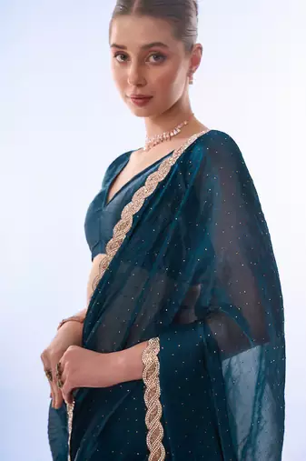 teal embellished beads and stones pure chiffon saree