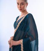 teal embellished beads and stones pure chiffon saree