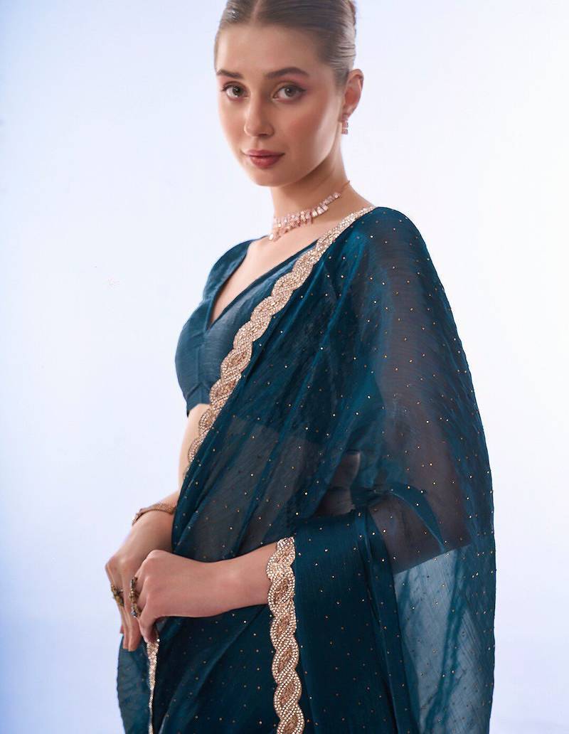 teal embellished beads and stones pure chiffon saree