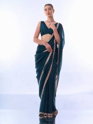 teal embellished beads and stones pure chiffon saree 2
