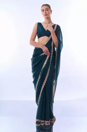 teal embellished beads and stones pure chiffon saree