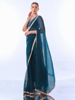 teal embellished beads and stones pure chiffon saree 3