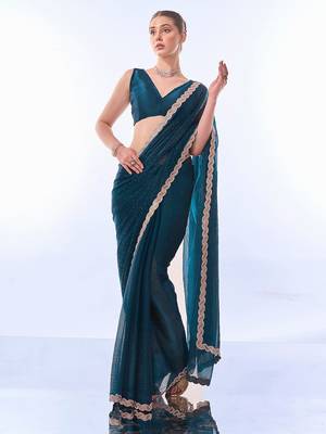 teal embellished beads and stones pure chiffon saree 5