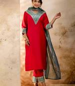 Red silk blend embroidered kurta set